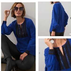 Chico's Embellished Colorblock Top in Seafaring Blue & Black Size Large (16)